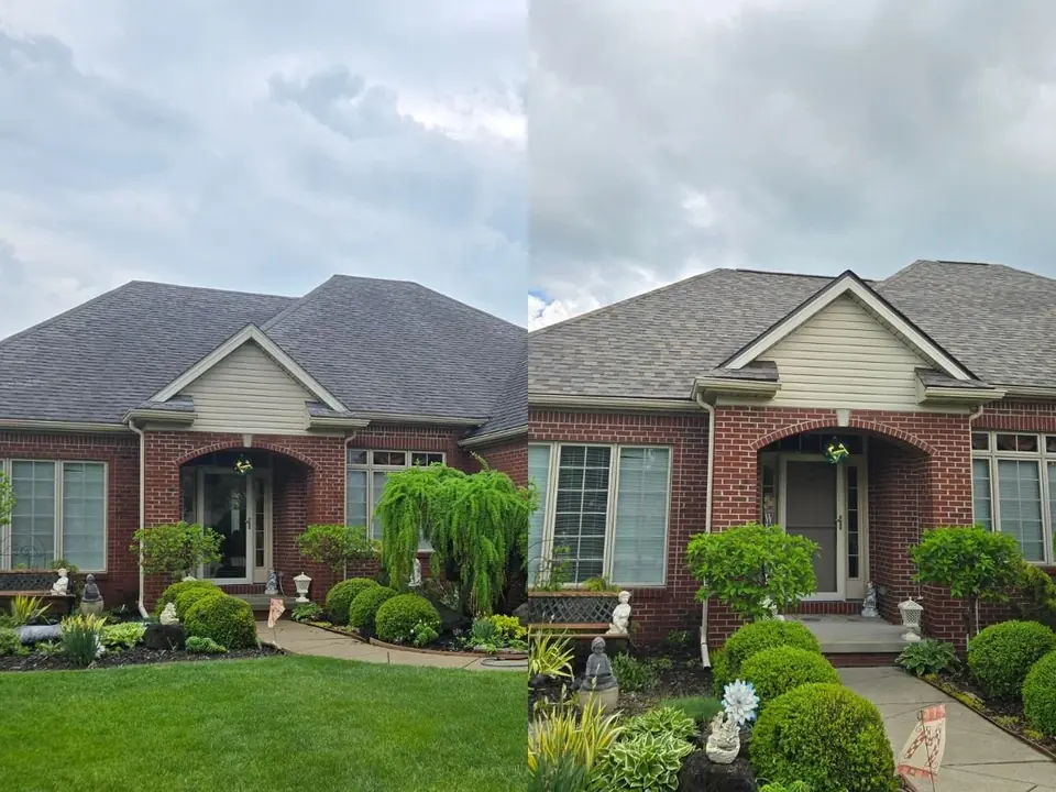 Before and after photos of the same brick home side by side, showing the roof before and after the work.