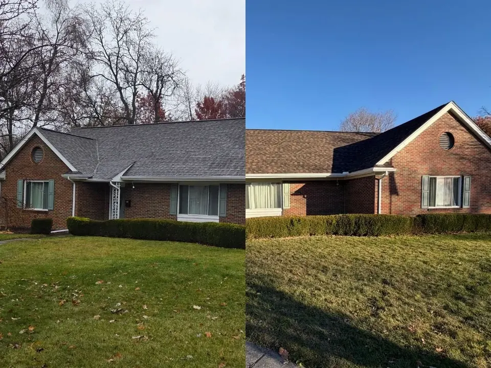 Before and after photos of a brick ranch home: the old roof on the left, a new dark shingle roof on the right.