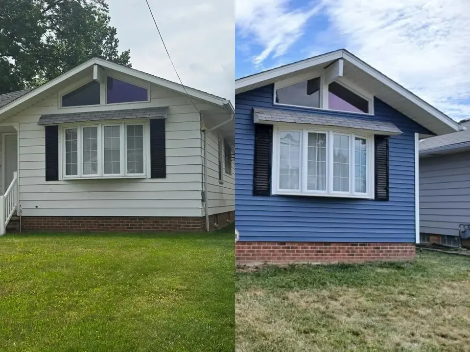 Before and after photos of a bungalow: white siding on the left, new blue siding on the right.