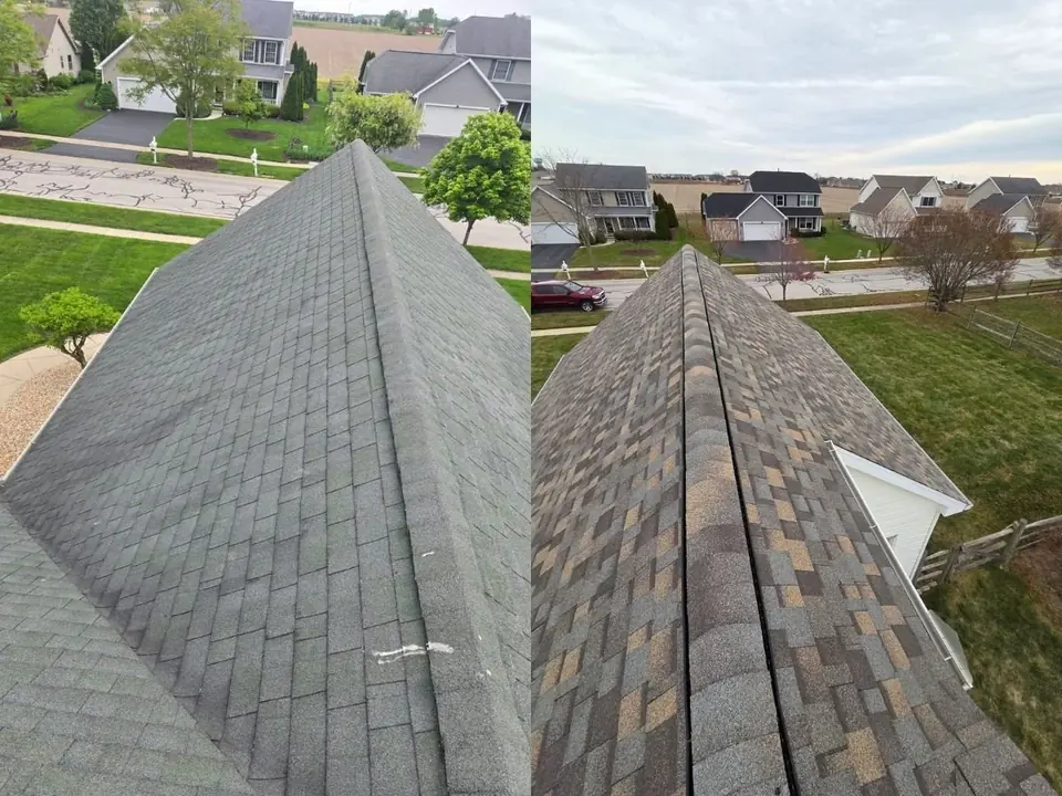 Before and after photos of a roof ridge: worn gray shingles on the left, new multi-tone shingles on the right.
